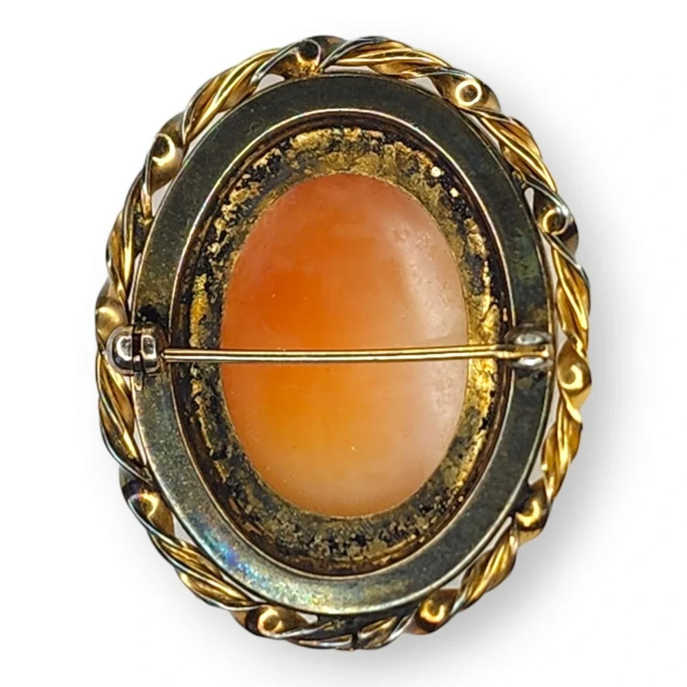 Vintage Gold Tone Shell‎ Cameo Women with Flowers Brooch Pin